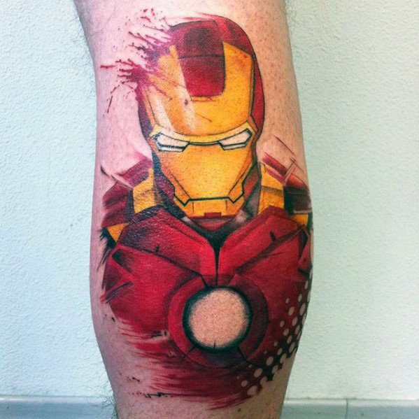 Iron Man tattoo featuring a vibrant, detailed design of his helmet and chest plate with dynamic color splashes and sharp shading, emphasizing the iconic armor.