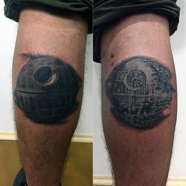 Death Star leg tattoos: one intricately detailed, the other beautifully shaded