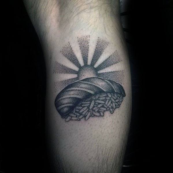 Leg Calf Dotwork Rising Sun With Sushi Mens Tattoo Ideas