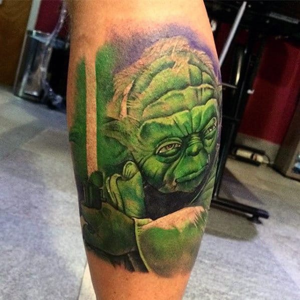 Leg Calf Green Watercolor Male Yoda Tattoo Ideas
