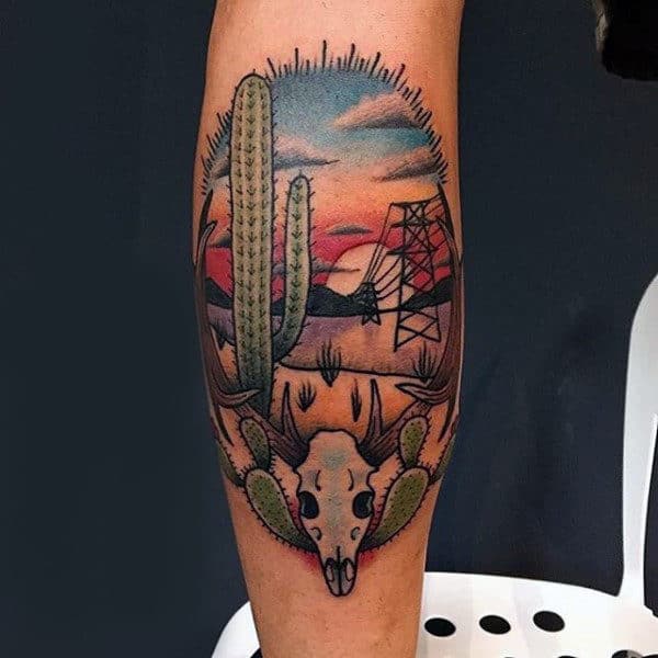 Leg Calf Guys Cactus Ranch Themed Tattoo Design
