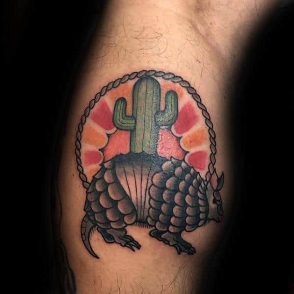 Leg Calf Guys Tattoo Ideas Armadillo With Catus And Rising Sun Designs