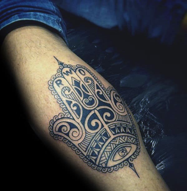 Leg Calf Hamsa Tattoo Design On Man