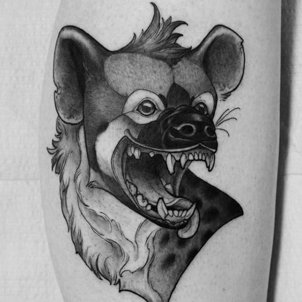 Black and grey hyena tattoo with a semi-realistic style, showing a wide open mouth, sharp teeth, and detailed fur shading.