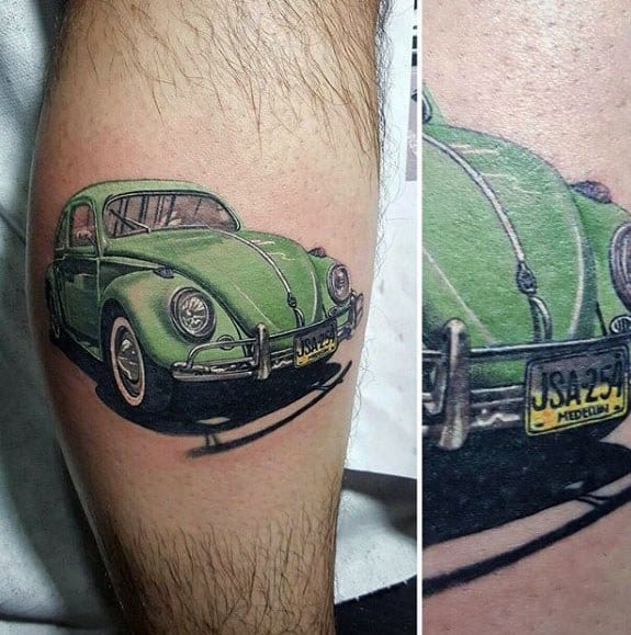 Realistic green Volkswagen Beetle tattoo on the calf with detailed license plate and shadowing for a 3D effect.