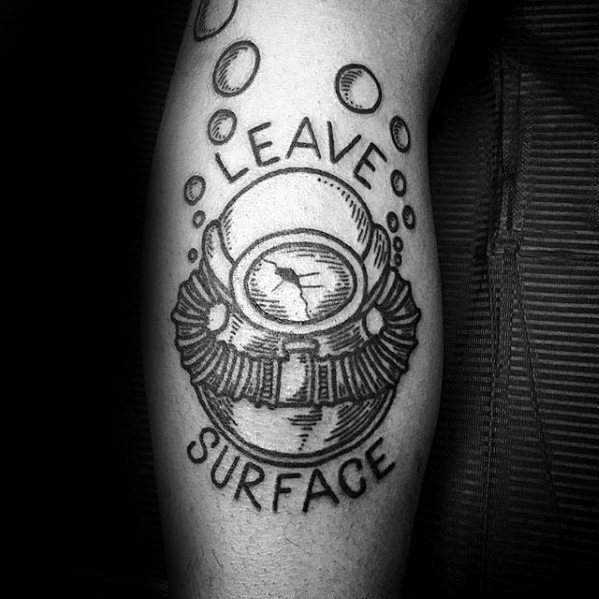 Leg Calf Leave Surface Cracked Diving Helmet Tattoos Male