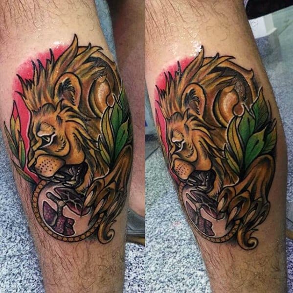 Leg Calf Lion With Lung Mens Tattoo Designs