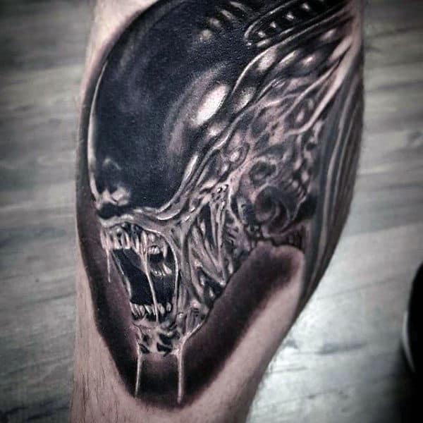 Leg Calf Male Alien Shaded Tattoos