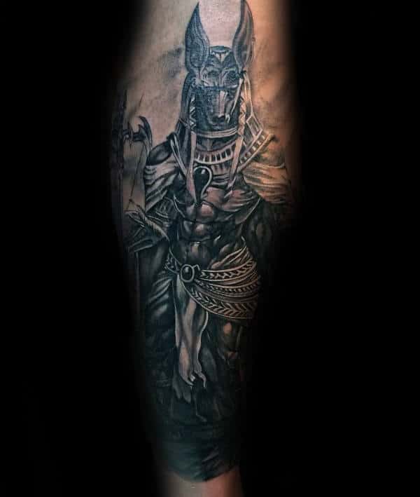 Leg Calf Male Anubis Tattoo With Realistic Design