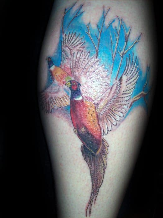 Leg Calf Male Cool Flying Pheasant Birds Tattoo Ideas