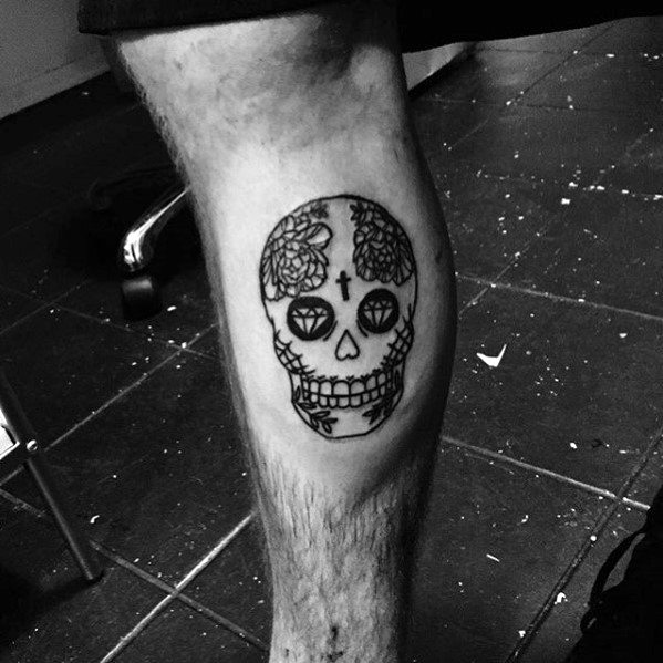Leg Calf Male Day Of The Dead Skull Tattoo