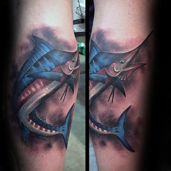 Leg Calf Marlin Tattoo Design On Man