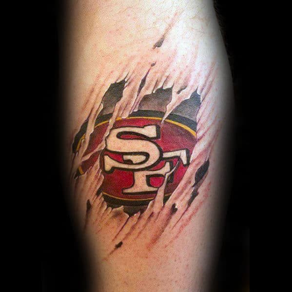 Leg Calf Mens San Francisco 49ers Ripped Skin Logo Tattoo