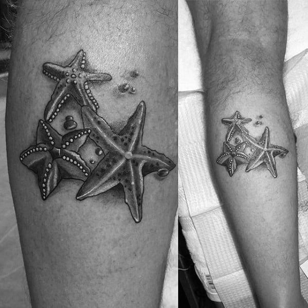 Black and grey tattoo of three realistic starfish on the calf, detailed with texture and shadows for a 3D beach-inspired look.