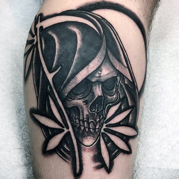 Leg Calf Negative Space Scythe Tattoo Design Ideas For Males
