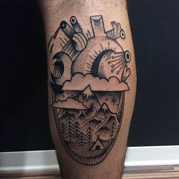 Lef Calf Pine Tree Tattoo For Male Outline Style