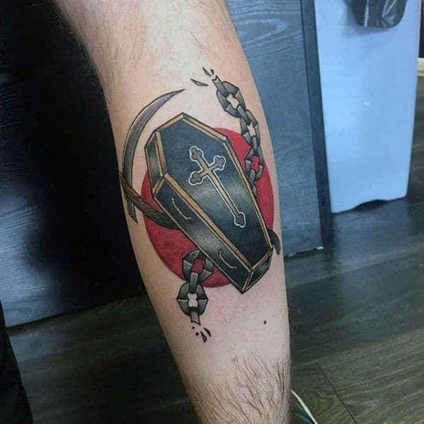 Leg Calf Red Sun With Coffin Mens Scythe Tattoo Design Ideas