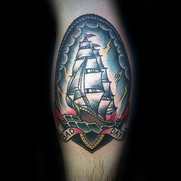 Leg Calf Retro Ship Thunderstorm Guys Tattoo Ideas