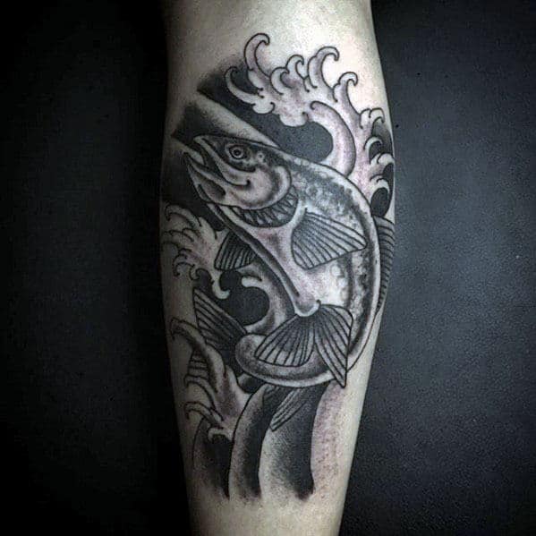 Leg Calf Shaded Black And Grey Japanese Male Trout Tattoos