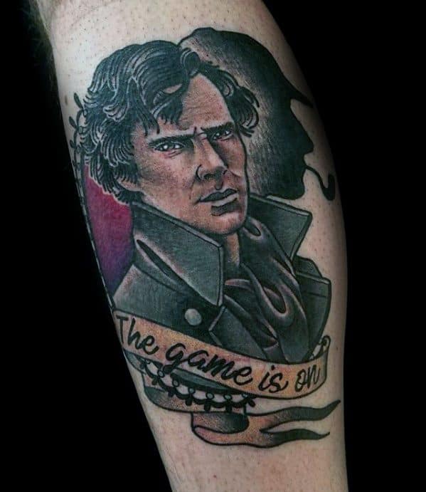 Tattoo of Sherlock Holmes with curly hair and coat, silhouette in background, with text "The game is on"