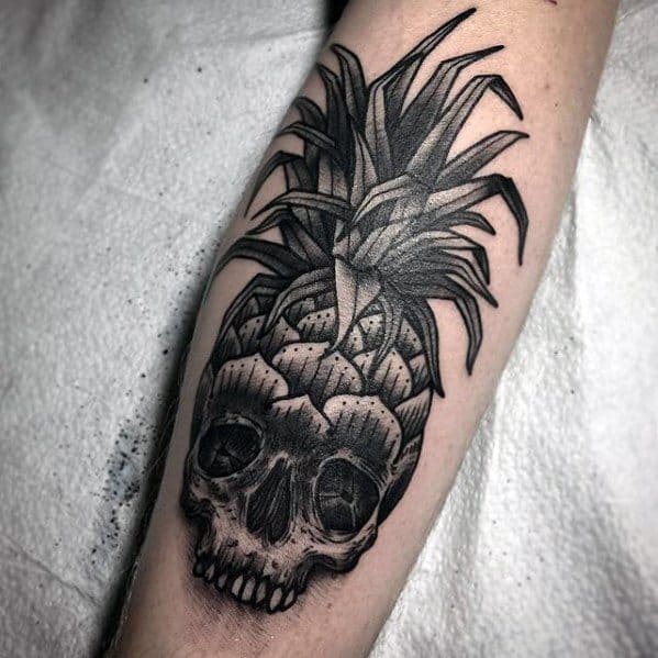 Leg Calf Skull Pineapple Tattoo Ideas On Guys
