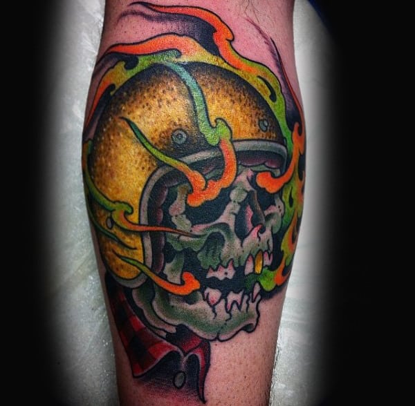 Leg Calf Skull Wearing Motorcycle Helmet Old School Biker Tattoos