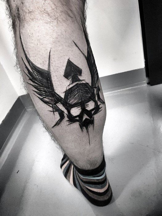 Leg Calf Skull With Wings Cool Sketch Tattoo Design Ideas For Male