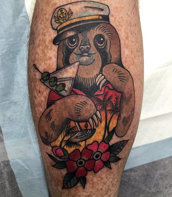 Leg Calf Sloth On Vacation Male Tattoo Ideas