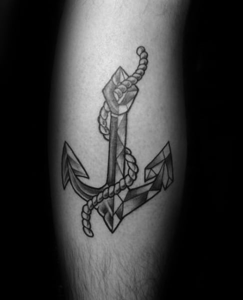 Geometric anchor tattoo with a wrapped rope, featuring sharp angles and detailed shading, symbolizing strength, stability, and a modern nautical style.
