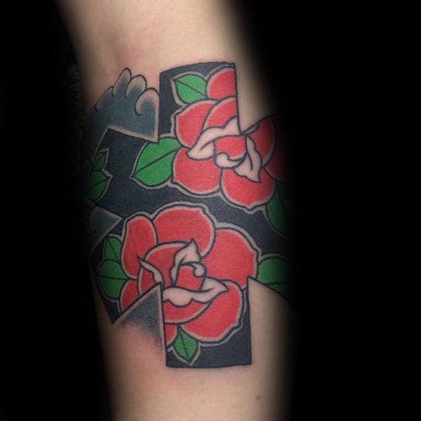 Leg Calf Star Of Life Male Old School Traditional Rose Flower Tattoo