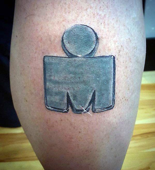A minimalist tattoo featuring the Ironman logo in black ink, with a shaded effect giving it a 3D, sculpted appearance.