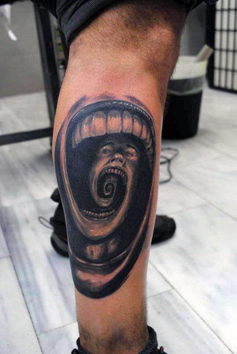 Surreal leg tattoo of a screaming mouth in an infinite spiral, with smaller mouths inside, creating a hypnotic and eerie visual loop.
