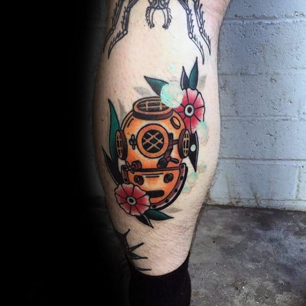 Leg Calf Traditional Amazing Mens Diving Helmet Tattoo Designs