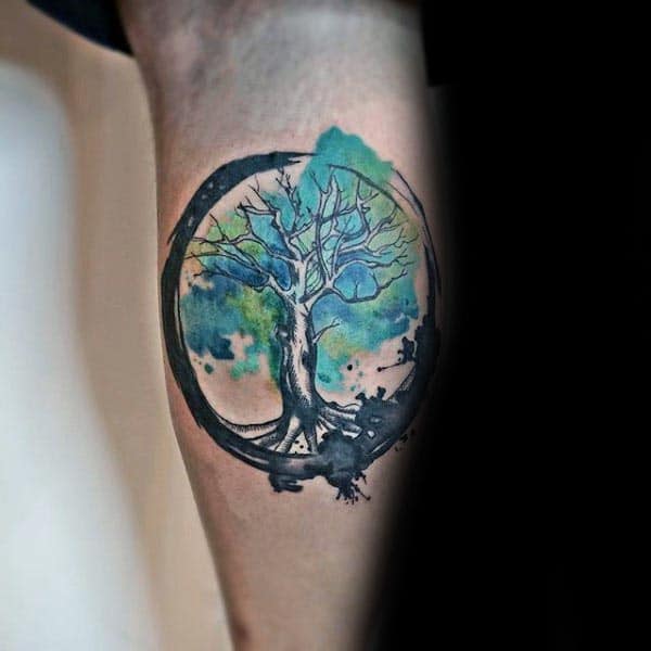 Leg Calf Tree Of Life Watercolor Shaded Green Paint Brush Stroke Mens Tattoos