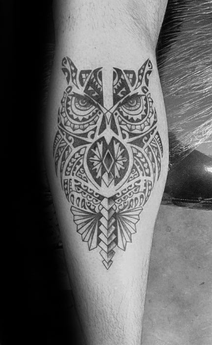 Leg Calf Tribal Owl Polynesian Tattoo Ideas For Men