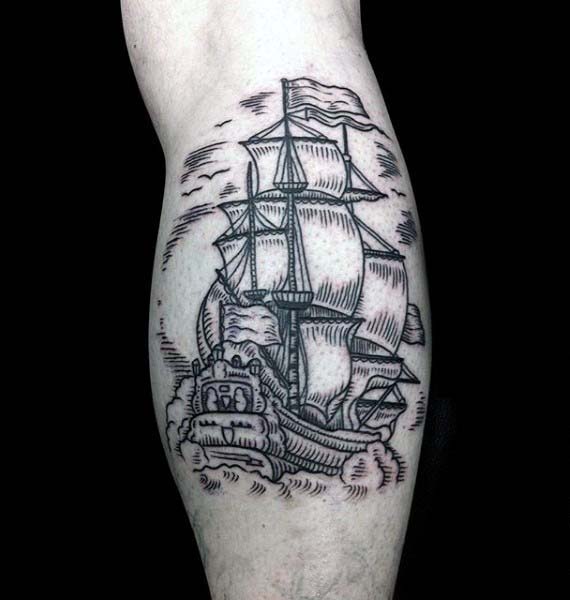 Leg Calf Woodcut Mens Sailing Ship Tattoos