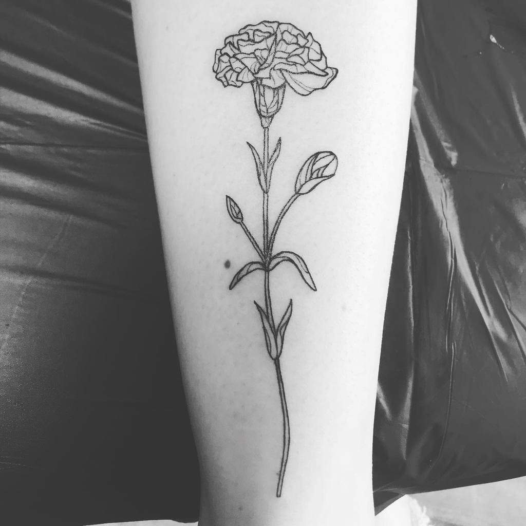 Line art tattoo of a long-stemmed carnation flower with a fully bloomed blossom 