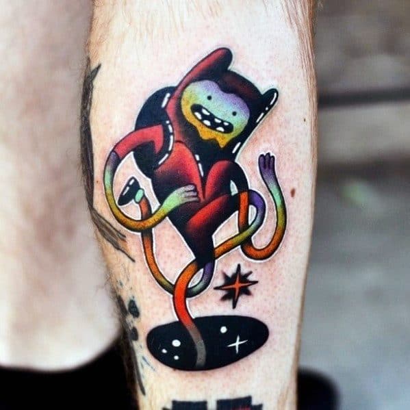 Psychedelic-style Adventure Time tattoo of Finn with rainbow limbs emerging from a black hole, inked on the lower leg.