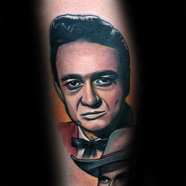 A detailed tattoo of a man in a suit with slicked-back Johnny Cash-style hair