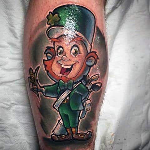 Cheerful cartoon leprechaun tattoo holding a stalk of corn, dressed in a green suit with a bow tie and shiny top hat adorned with a shamrock.