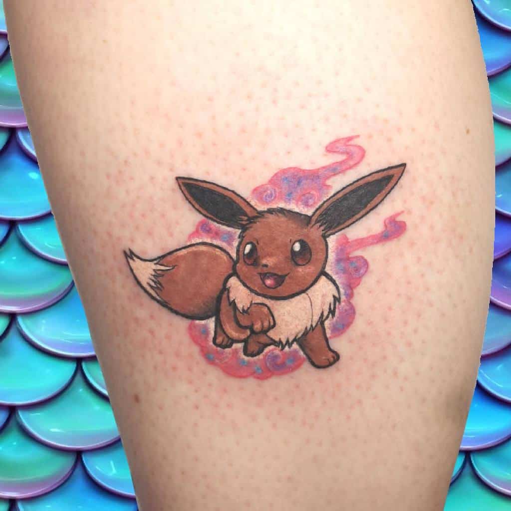 Tattoo of an Eevee with a colorful aura on a skin against a blue and purple background