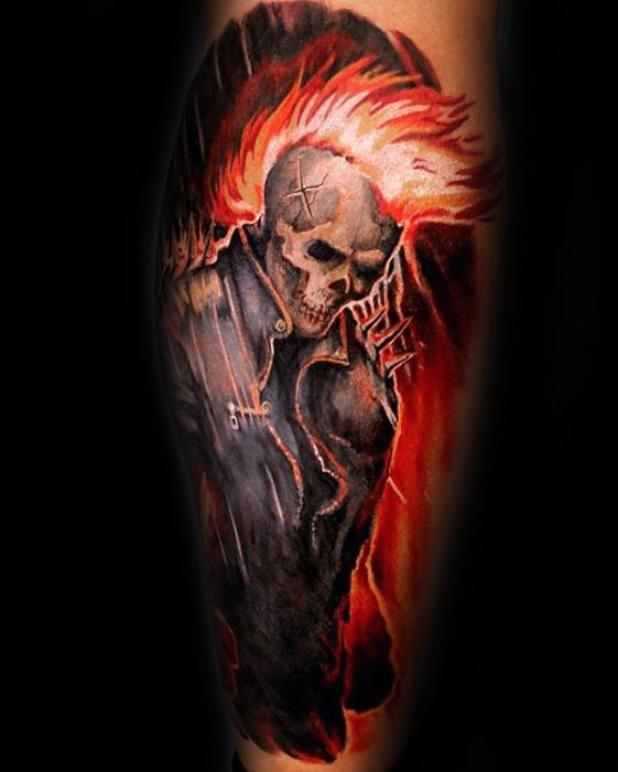 Leg Flaming Skull Male Tattoos
