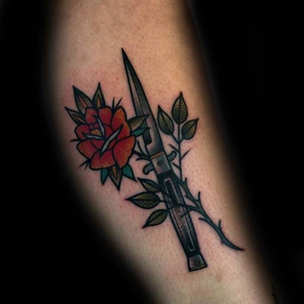 Leg Flower With Switchblade Guys Tattoos