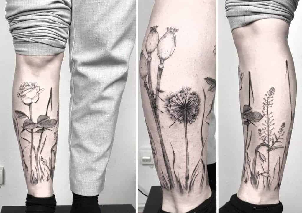 Leg tattoos feature a rose, poppy pods, and dandelion designs