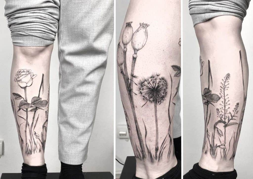 A detailed botanical tattoo featuring roses, dandelions, and wildflowers across the forearm.