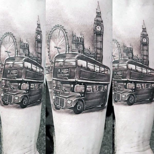 Detailed black and grey tattoo featuring a classic London double-decker bus, Big Ben, and the London Eye, creating an iconic London skyline on the forearm.