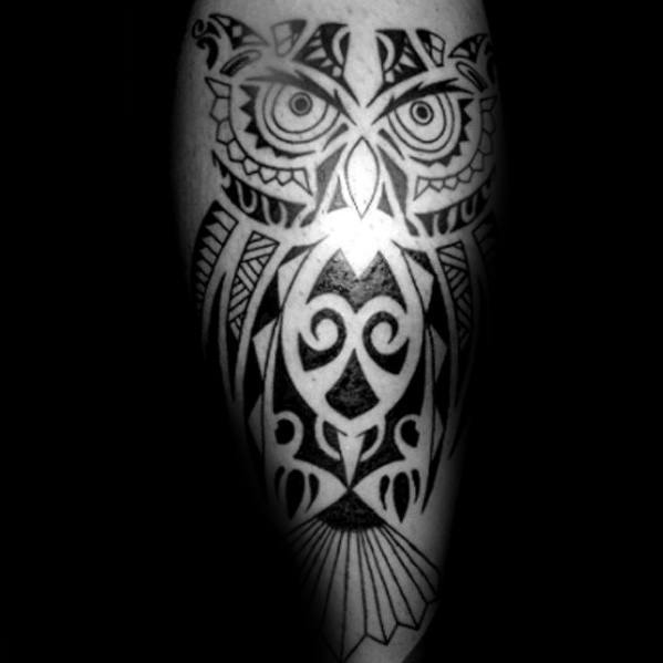 Leg Guys Tribal Owl Black Ink Tattoo With Hawaiian Design