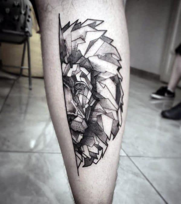 Leg Half Geometric Lion Male Tattoos