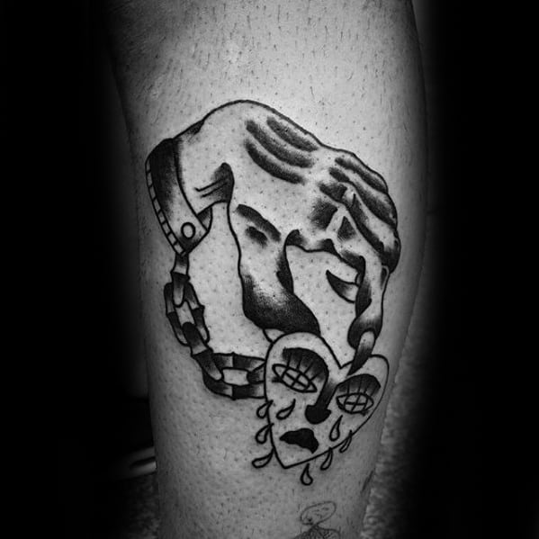 Leg Hand With Chains Holding Crying Heart Tattoos Men