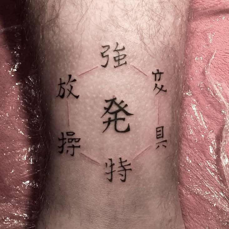 Tattoo of the six basic principles from Hunter X Hunter's Nen, written in Chinese characters, arranged in a circular pattern on a forearm